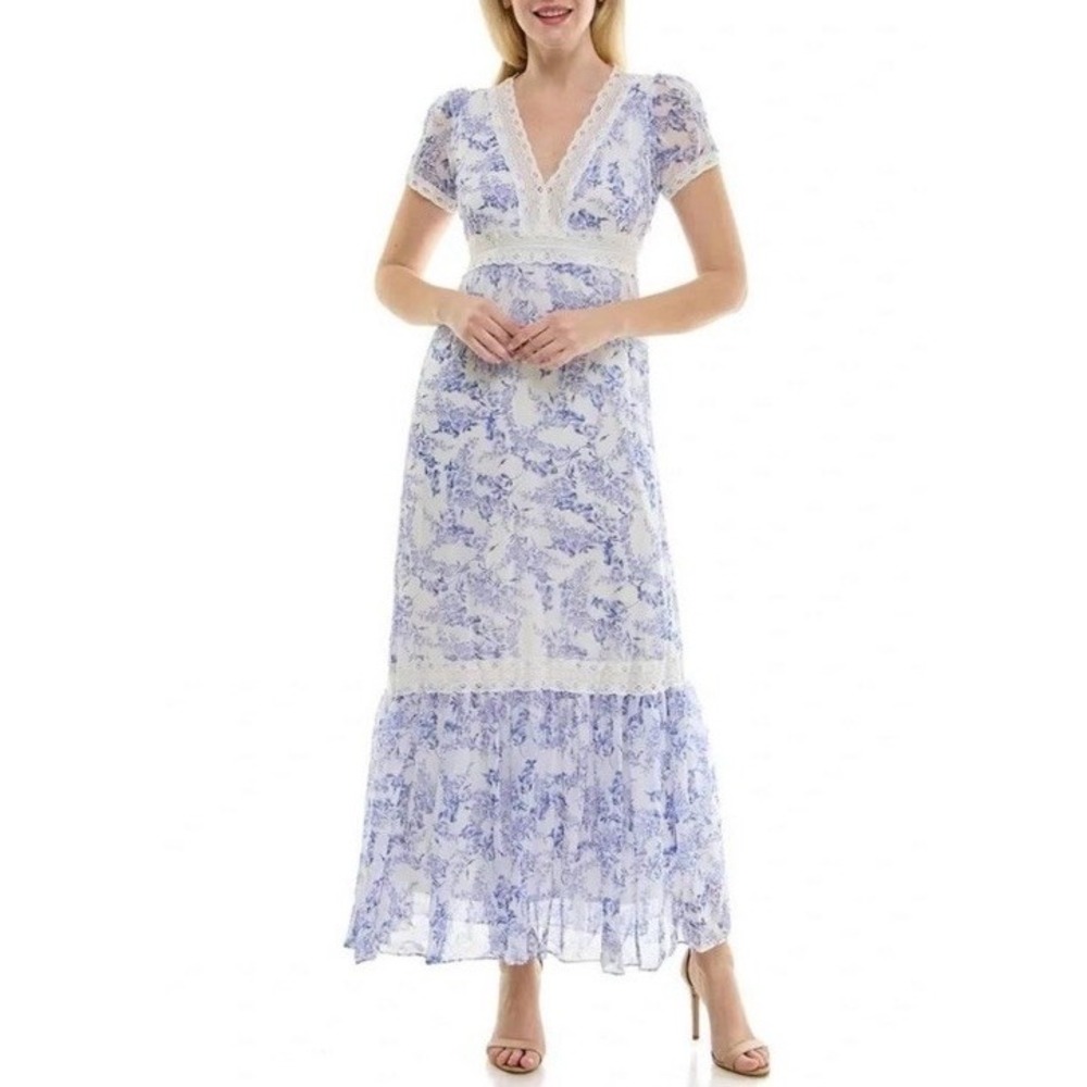 NWT Taylor Crochet Lace-Trim Blue Floral-Print Chiffon Tiered Maxi Dress Size 6